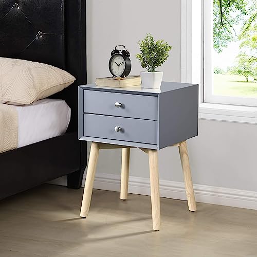 Mid Century Modern Nightstand with 2 Drawers, Gray Side Table with Storage, Small End Table for Bedroom, Living Room