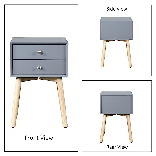 Mid Century Modern Nightstand with 2 Drawers, Gray Side Table with Storage, Small End Table for Bedroom, Living Room