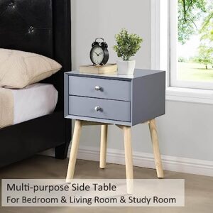 Mid Century Modern Nightstand with 2 Drawers, Gray Side Table with Storage, Small End Table for Bedroom, Living Room