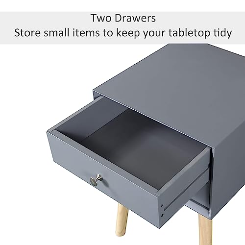 Mid Century Modern Nightstand with 2 Drawers, Gray Side Table with Storage, Small End Table for Bedroom, Living Room