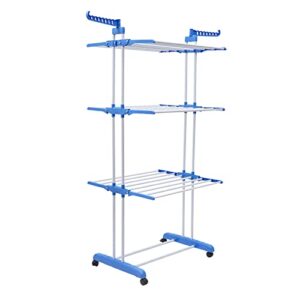 doonarces 4-tier gray foldable clothes drying rack rolling dryer hanger stand outdoor washing line clothes dryer storage rack with 6 retractable trays&2 side wings, bedroom balcony use (blue)