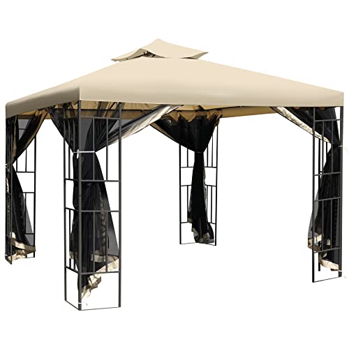 REDCAMP 10' x 10' Patio Gazebo with Netting, Double Roof Outdoor Gazebo Canopy Shelter for Backyard, Garden, Lawn (Khaki)