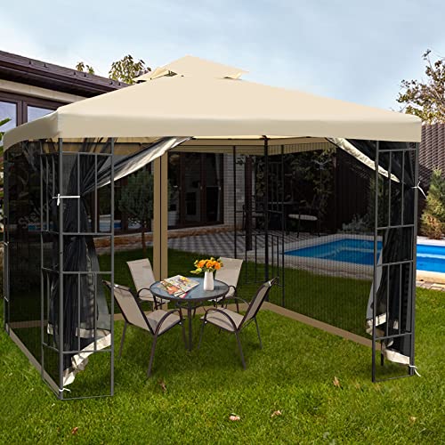 REDCAMP 10' x 10' Patio Gazebo with Netting, Double Roof Outdoor Gazebo Canopy Shelter for Backyard, Garden, Lawn (Khaki)