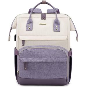 lovevook laptop backpack purse for women, nurse work business travel backpack bag, wide open backpack, lightweight water resistent daypack with usb charging port, 15.6 inch, beige-light purple