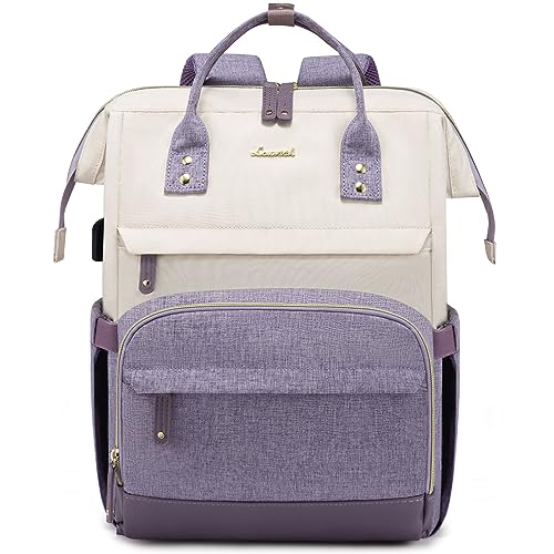 LOVEVOOK Laptop Backpack Purse for Women, Nurse Work Business Travel Backpack Bag, Wide Open Backpack, Lightweight Water Resistent Daypack with USB Charging Port, 15.6 inch, Beige-Light purple