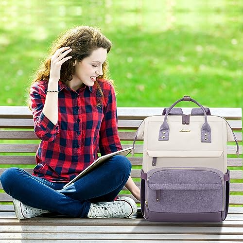 LOVEVOOK Laptop Backpack Purse for Women, Nurse Work Business Travel Backpack Bag, Wide Open Backpack, Lightweight Water Resistent Daypack with USB Charging Port, 15.6 inch, Beige-Light purple