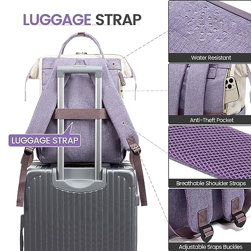 LOVEVOOK Laptop Backpack Purse for Women, Nurse Work Business Travel Backpack Bag, Wide Open Backpack, Lightweight Water Resistent Daypack with USB Charging Port, 15.6 inch, Beige-Light purple