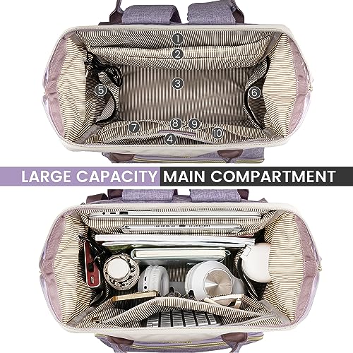 LOVEVOOK Laptop Backpack Purse for Women, Nurse Work Business Travel Backpack Bag, Wide Open Backpack, Lightweight Water Resistent Daypack with USB Charging Port, 15.6 inch, Beige-Light purple