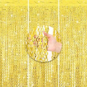 3 pcs fringe curtain backdrop,3.3 x 6.6 ft wave streamers tinsel metallic curtains photo backdrop streamers for mermaid birthday under sea ocean themed party decorations (gold)