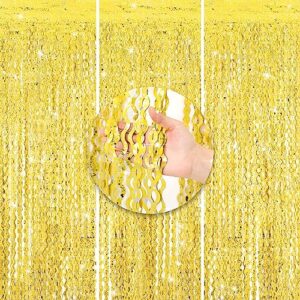 3 Pcs Fringe Curtain Backdrop,3.3 x 6.6 ft Wave Streamers Tinsel Metallic Curtains Photo Backdrop Streamers for Mermaid Birthday Under Sea Ocean Themed Party Decorations (Gold)