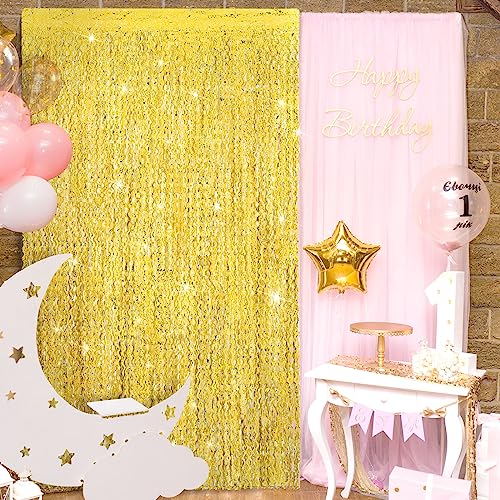3 Pcs Fringe Curtain Backdrop,3.3 x 6.6 ft Wave Streamers Tinsel Metallic Curtains Photo Backdrop Streamers for Mermaid Birthday Under Sea Ocean Themed Party Decorations (Gold)