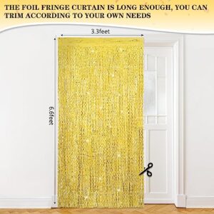 3 Pcs Fringe Curtain Backdrop,3.3 x 6.6 ft Wave Streamers Tinsel Metallic Curtains Photo Backdrop Streamers for Mermaid Birthday Under Sea Ocean Themed Party Decorations (Gold)