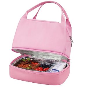 diicci pink lunch box bag for women,double deck insulated lunch bags for adult,small cute lunch bag tote bag for work,reusable leakproof lunch cooler bag for travel office picnic hiking
