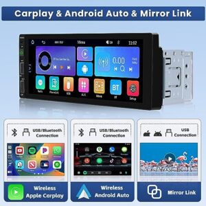 6.86 Inch Wireless Apple Carplay Car Stereo Single Din Touch Screen Car Radio with Bluetooth 5.0 Support Android Auto Mirror Link FM EQ SWC, Car Audio Receiver with USB/SWC/MIC/AUX-in