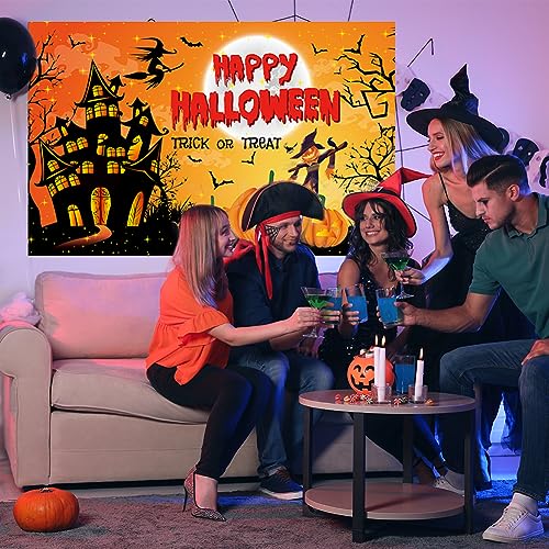 Halloween Party Decorations, Large Fabric Halloween Backdrop Pumpkin Lantern Cemetery Gate Spooky Night Banner Orange Moon Pumpkin Castle for Scary Halloween Party Supplies (Orange)