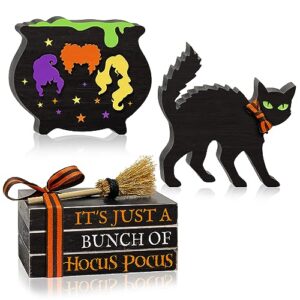5pcs halloween wooden signs hocus pocus, decorative wooden faux books stack black cat wood table signs, cauldron witches sisters halloween tiered tray decor for halloween party home decorations