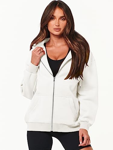 Caracilia Women's Hoodies 2023 Fall Jacket Solid Athletic Tops Casual Long Sleeve Fleece Oversized Sweatshirts Cute Teen Girl Zip Up Clothes Winter Loose Fit Warm Cute Sweater A989baise-M White