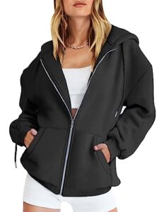 caracilia women's oversized zip up hoodies sweatshirts y2k clothes teen girl fall casual drawstring jackets with pockets 2023 winter loose fit clothing soft warm thick sweater a989heise-s black