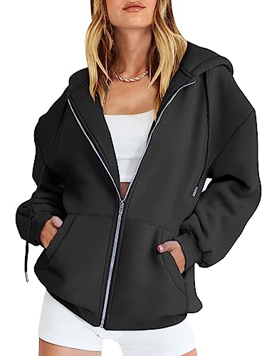 Caracilia Women's Oversized Zip Up Hoodies Sweatshirts Y2K Clothes Teen Girl Fall Casual Drawstring Jackets with Pockets 2023 Winter Loose Fit Clothing Soft Warm Thick Sweater A989heise-S Black