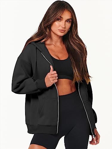 Caracilia Women's Oversized Zip Up Hoodies Sweatshirts Y2K Clothes Teen Girl Fall Casual Drawstring Jackets with Pockets 2023 Winter Loose Fit Clothing Soft Warm Thick Sweater A989heise-S Black