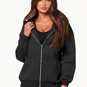 Caracilia Women's Oversized Zip Up Hoodies Sweatshirts Y2K Clothes Teen Girl Fall Casual Drawstring Jackets with Pockets 2023 Winter Loose Fit Clothing Soft Warm Thick Sweater A989heise-S Black