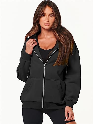 Caracilia Women's Oversized Zip Up Hoodies Sweatshirts Y2K Clothes Teen Girl Fall Casual Drawstring Jackets with Pockets 2023 Winter Loose Fit Clothing Soft Warm Thick Sweater A989heise-S Black