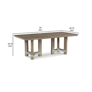 Benjara 84 Inch Rectangular Gray Dining Table, Pedestal Base, Metal Stretchers