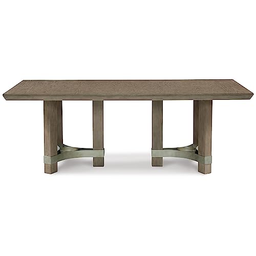 Benjara 84 Inch Rectangular Gray Dining Table, Pedestal Base, Metal Stretchers