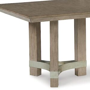 Benjara 84 Inch Rectangular Gray Dining Table, Pedestal Base, Metal Stretchers