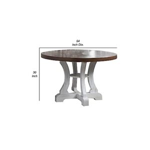 Benjara Neci 54 Inch Round Dining Table, Pedestal, Distressed Brown and White