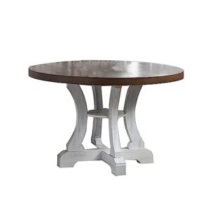 benjara neci 54 inch round dining table, pedestal, distressed brown and white