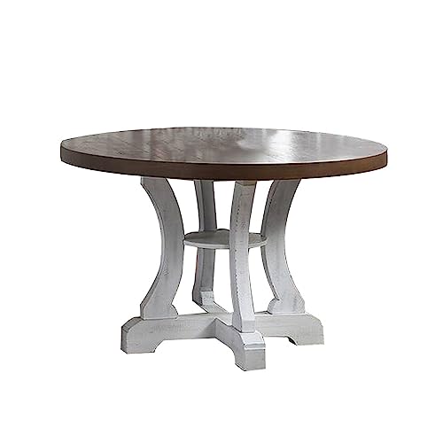 Benjara Neci 54 Inch Round Dining Table, Pedestal, Distressed Brown and White