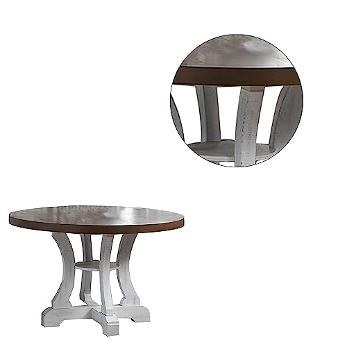 Benjara Neci 54 Inch Round Dining Table, Pedestal, Distressed Brown and White
