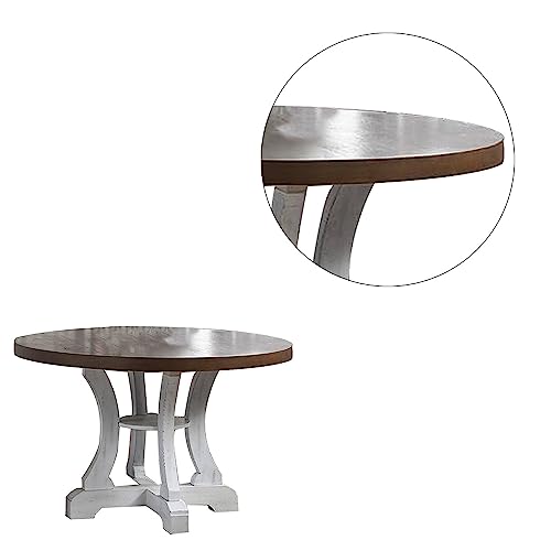 Benjara Neci 54 Inch Round Dining Table, Pedestal, Distressed Brown and White