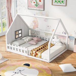 house bed full size, wood floor bed for kids, montessori bed with railings and slats for boys girls, low to ground height, no box spring needed, white