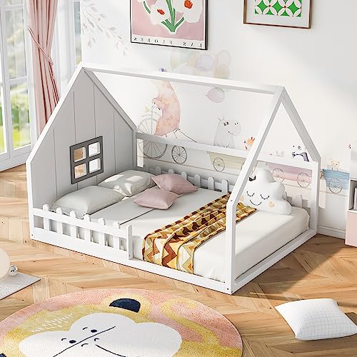 House Bed Full Size, Wood Floor Bed for Kids, Montessori Bed with Railings and Slats for Boys Girls, Low to Ground Height, No Box Spring Needed, White