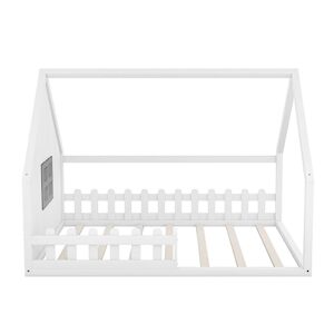 House Bed Full Size, Wood Floor Bed for Kids, Montessori Bed with Railings and Slats for Boys Girls, Low to Ground Height, No Box Spring Needed, White