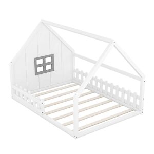 House Bed Full Size, Wood Floor Bed for Kids, Montessori Bed with Railings and Slats for Boys Girls, Low to Ground Height, No Box Spring Needed, White
