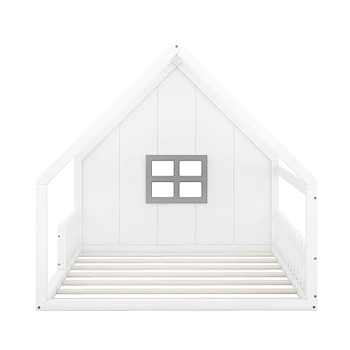 House Bed Full Size, Wood Floor Bed for Kids, Montessori Bed with Railings and Slats for Boys Girls, Low to Ground Height, No Box Spring Needed, White