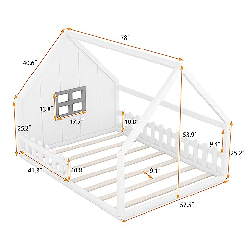 House Bed Full Size, Wood Floor Bed for Kids, Montessori Bed with Railings and Slats for Boys Girls, Low to Ground Height, No Box Spring Needed, White