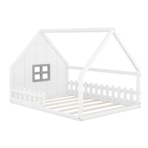 House Bed Full Size, Wood Floor Bed for Kids, Montessori Bed with Railings and Slats for Boys Girls, Low to Ground Height, No Box Spring Needed, White