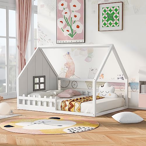 House Bed Full Size, Wood Floor Bed for Kids, Montessori Bed with Railings and Slats for Boys Girls, Low to Ground Height, No Box Spring Needed, White