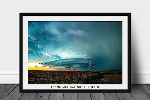 Storm Photography Print (Not Framed) Picture of Supercell Thunderstorm with Lightning Bolt on Spring Evening in Kansas Weather Wall Art Nature Decor (8" x 10")