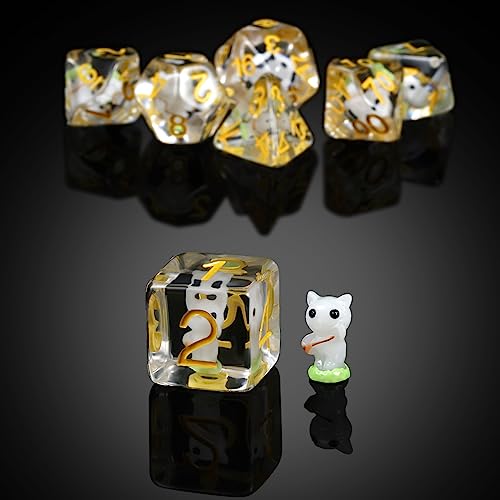 White Cat Gaming Dice Set D&D, DNDND 7PCS Resin DND Dice with Velvet Bag for Dungeons and Dragons Role Playing Games and Tabletop Games（White Cat