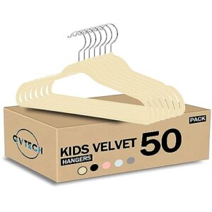 gvtech kids hangers velvet, [50 pack] children cloth durable baby hangers for closet - perfect infant toddler kid hanger for everyday use, non slip 360° hooks for shirt, pant, dress (50 pack, ivory)