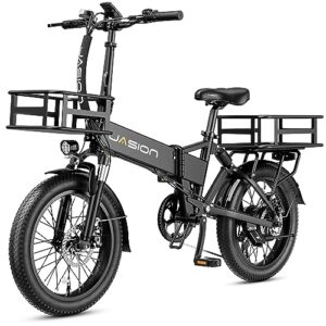 jasion eb7 2.0 electric bike for adults, 500w motor 20mph max speed, 48v 10ah battery, 20" fat tire foldable electric bicycle with dual shock absorber, 7-speed ebikes black front rear basket