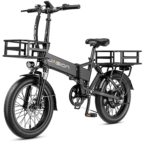 Jasion EB7 2.0 Electric Bike for Adults, 500W Motor 20MPH Max Speed, 48V 10AH Battery, 20" Fat Tire Foldable Electric Bicycle with Dual Shock Absorber, 7-Speed EBikes Black Front Rear Basket