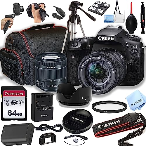 Canon EOS 90D DSLR Camera w/EF-S 18-55mm F/4-5.6 STM Zoom Lens + 64GB Memory Card, Case, Hood, Tripod, Grip-Pod, Filter, Professional Photo Bundle(24pc) (Renewed)