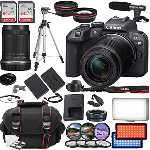 Canon EOS R10 Mirrorless Camera, Including RF-S 18-150mm f/3.5-6.3 is STM, 2X 64GB Memory Cards, Microphone, Case, LED Video Light & More (35pc Bundle) (Renewed)