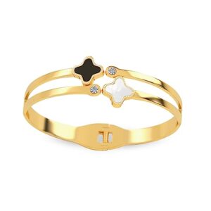 GFEEL 14K Gold Plated Bangle Bracelet, Leaf Clover Gold Bangle Bracelet for Women Black and White Shell Four-Leaf Clover Gold Plated Bracelets, Dainty Clover Bangle Bracelet. Cuff Bracelets for Women with Gift Box